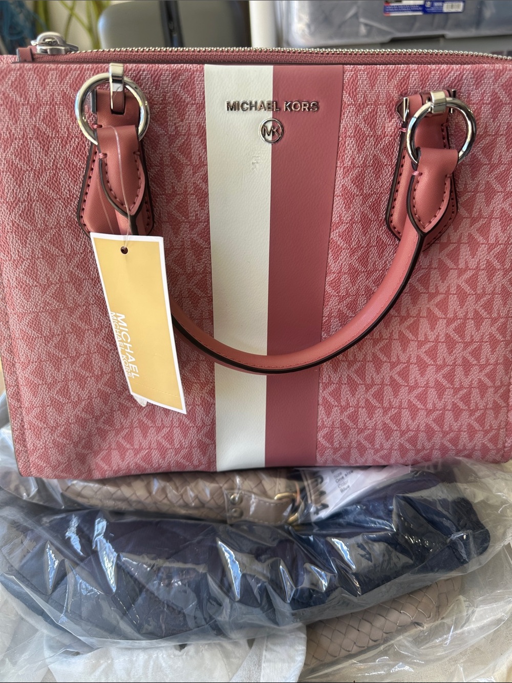 Michael Kors Rose Pink and White Stripe Logo Satchel